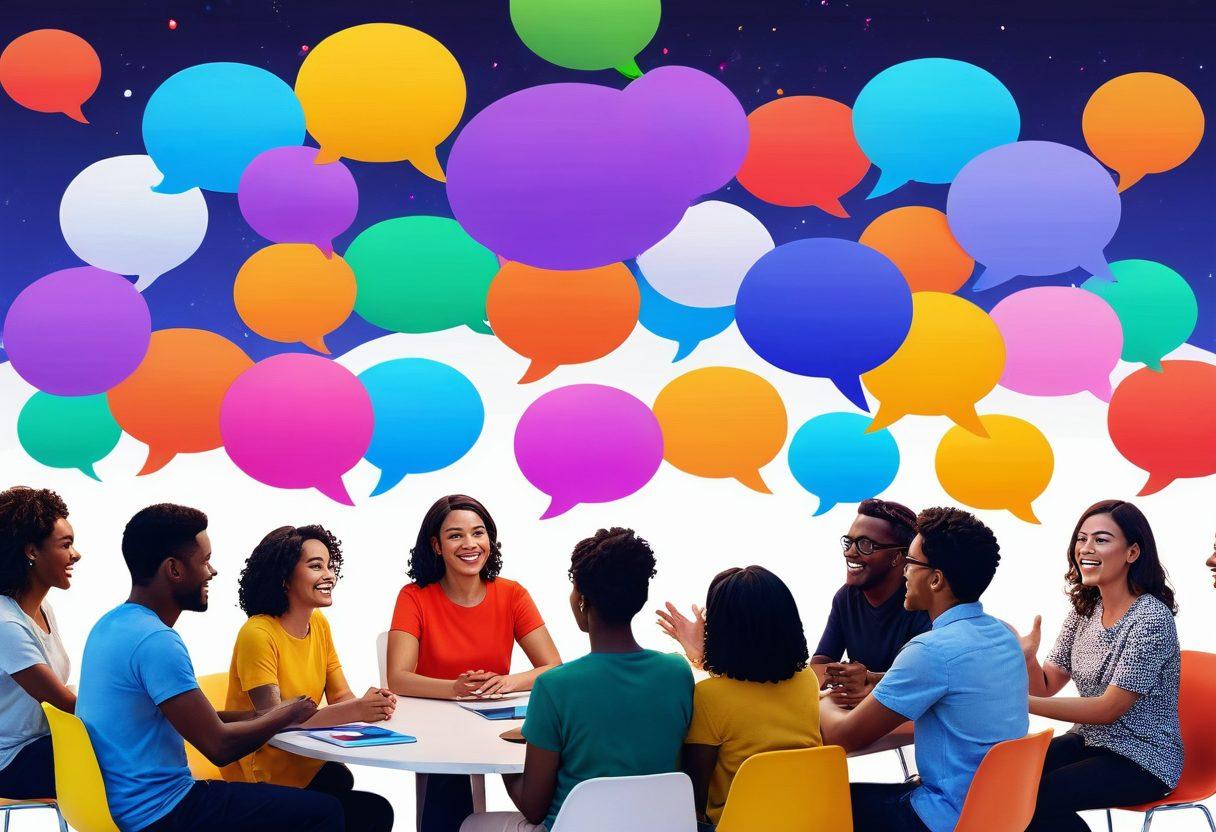 A diverse group of people engaged in an online discussion, with colorful speech bubbles symbolizing ideas and emotions. In the background, a vibrant digital landscape representing a thriving virtual community, with interconnected nodes and symbols of collaboration. Joyful expressions and dynamic gestures enhance the theme of delight and satisfaction in community building. super-realistic. vibrant colors. 3D.