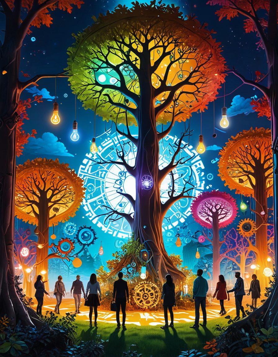 A colorful digital landscape depicting people joyfully interacting in a vibrant virtual environment, surrounded by symbols of innovation like lightbulbs and gears, with elements of nature intertwining technology, such as trees made of circuit boards. The atmosphere is bright and cheerful, emphasizing a sense of community and innovation. surrealistic. vibrant colors. white background.