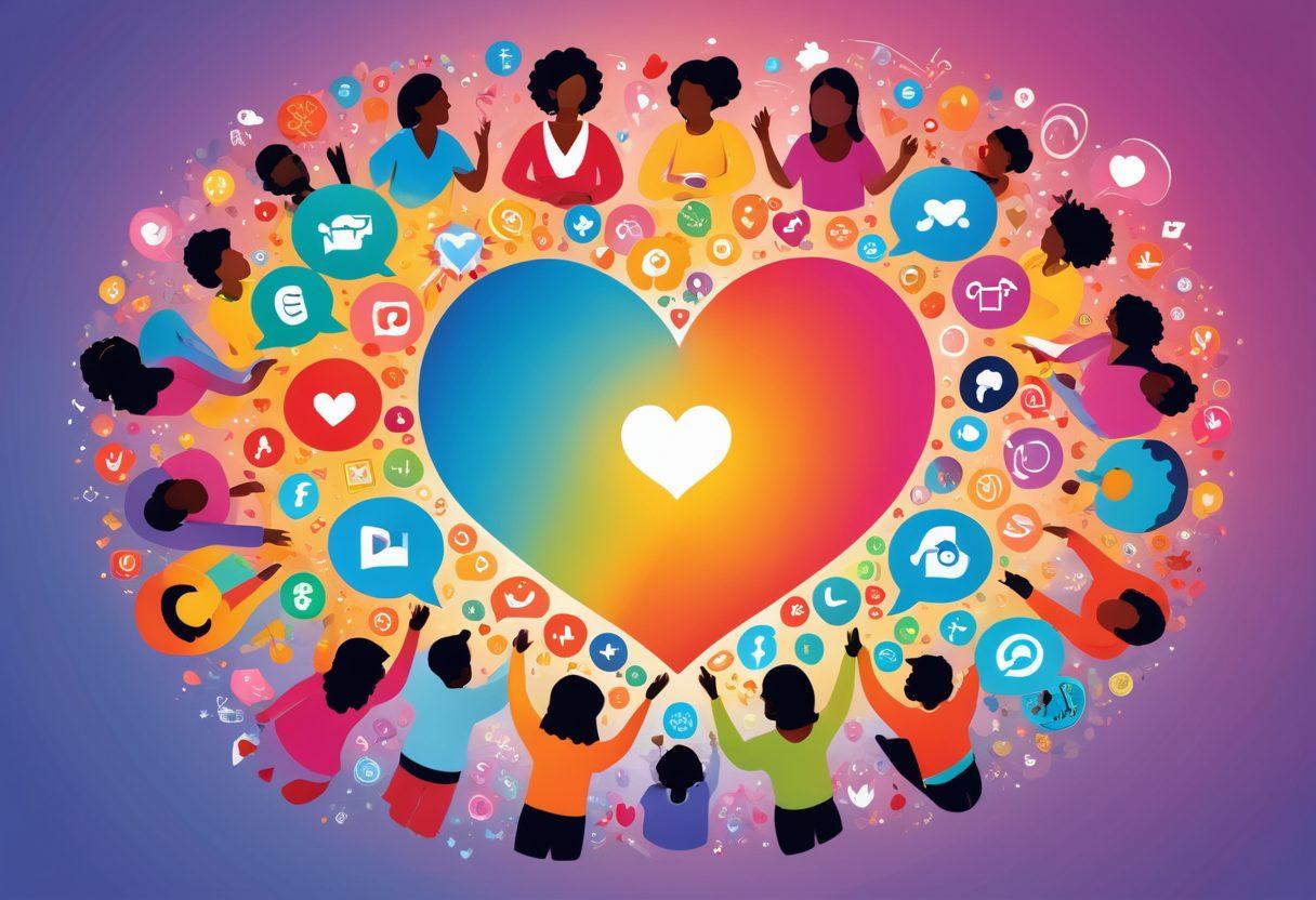 A vibrant illustration of diverse people engaging through digital devices, forming a colorful heart shape in the center. Each individual is represented in unique cultural attire, showcasing joy and connectivity. Surround them with cheerful digital elements like chat bubbles, social media icons, and heart symbols floating around. The background should be bright and uplifting, radiating warmth and positivity. vector art. vibrant colors. cheerful atmosphere.
